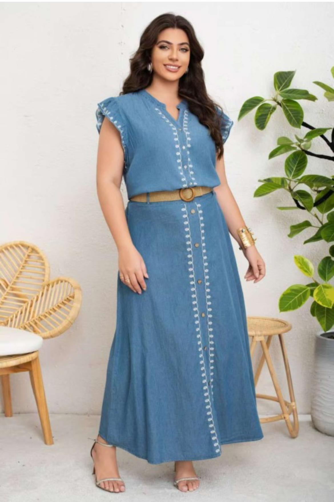 Plus Size Denim Blue 3-Piece Set – Button Front Top, Midi Skirt & Belted Waist Outfit