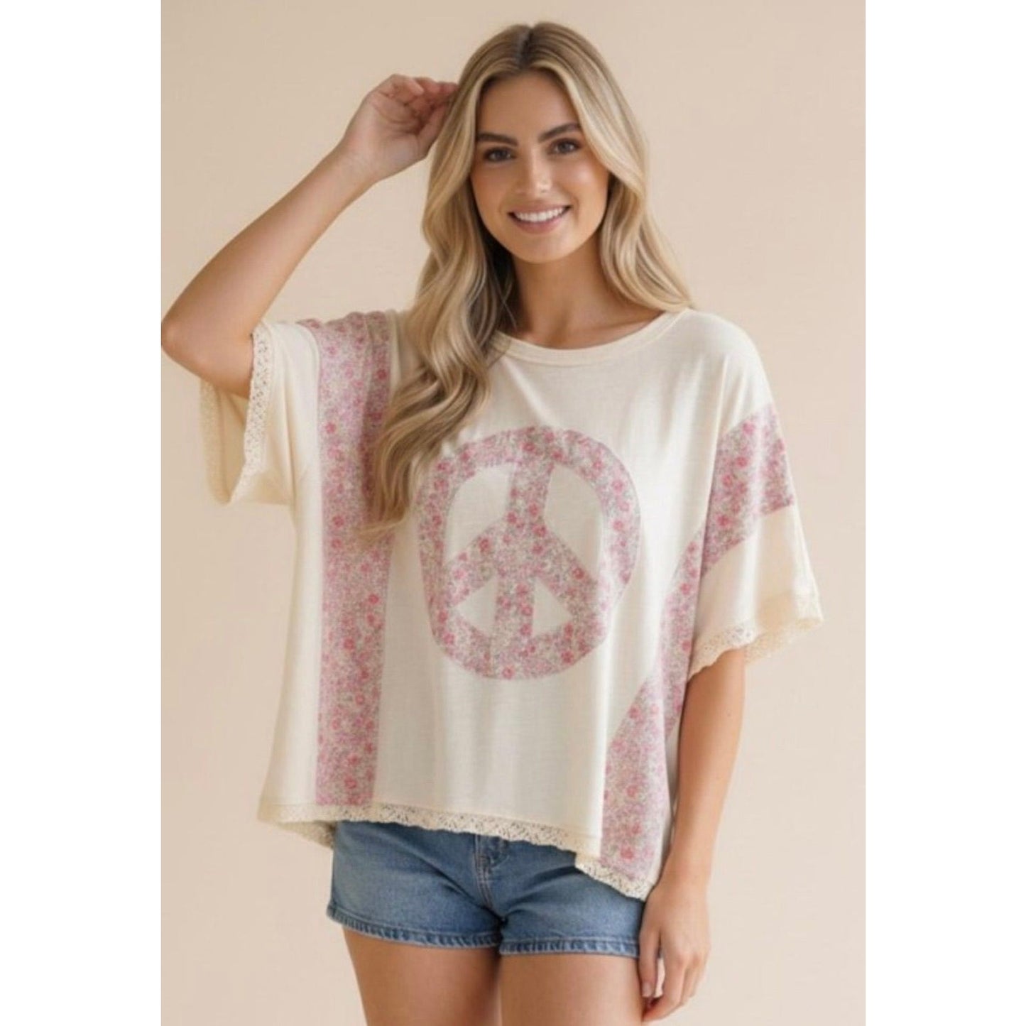 Butter Yellow Boho Peace Sign Lace Trim Short Sleeve Top