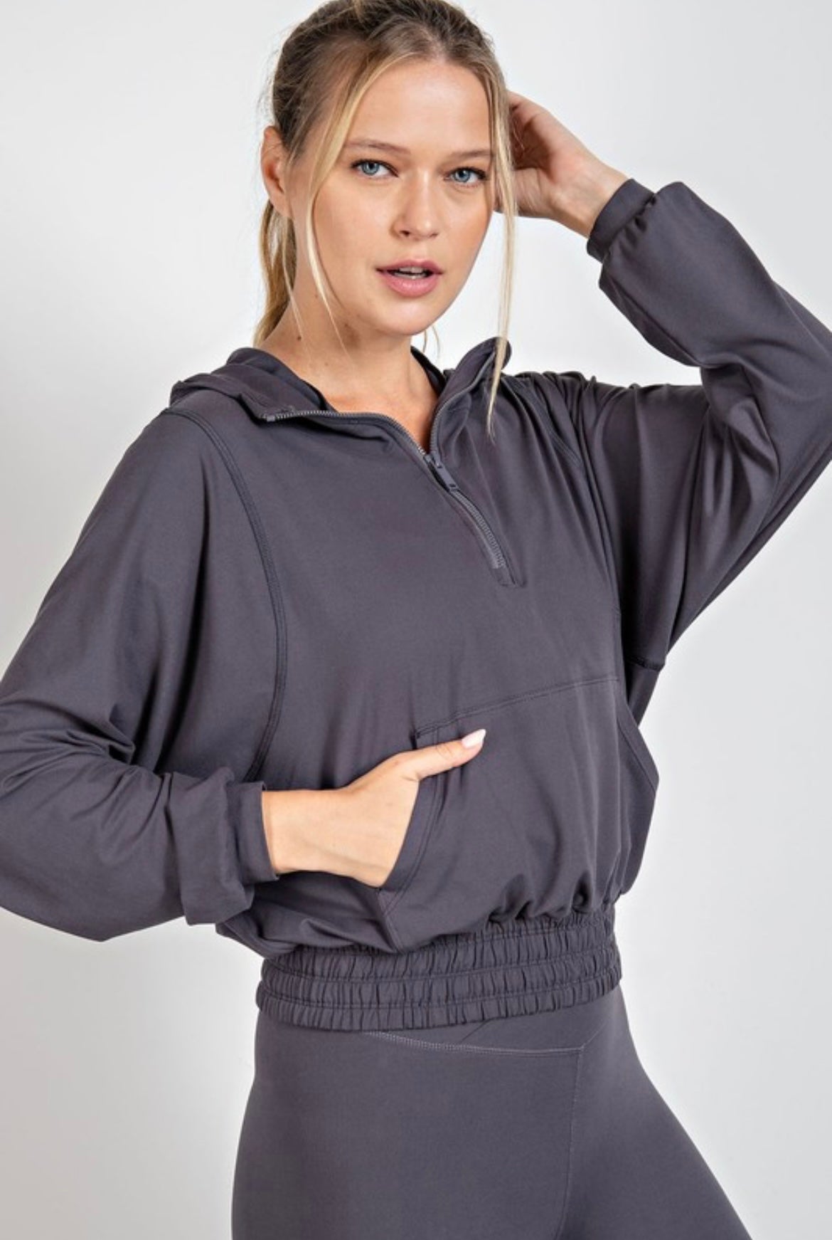 Charcoal Quarter Zip with Hoodie & Kangaroo Pockets